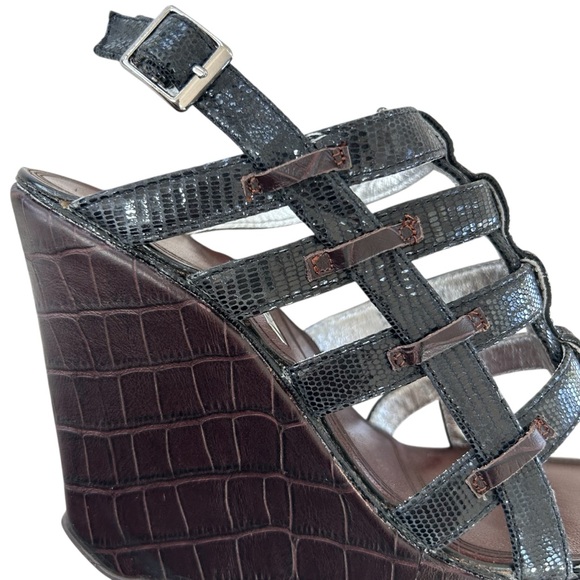 MATIKO Black + Brown Leather Wedge Strappy Sandals 8 - Picture 8 of 11